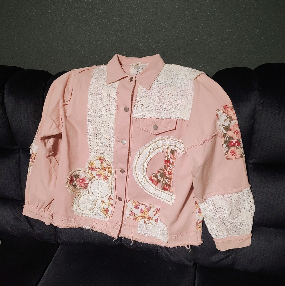 Altar'd State Pink Patchwork/Crochet Shacket (L) - image 1